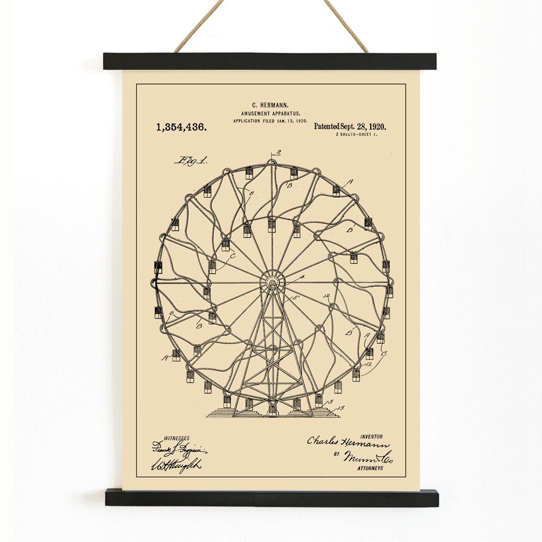 Vintage Ferris Wheel Patent Drawing Amusement Apparatus by Charles Hermann Poster, with wooden magnetic frame on white background