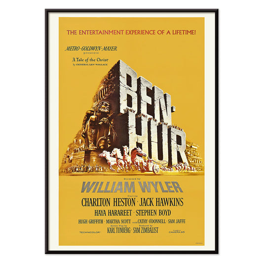 Ben-Hur film poster by William Wyler with Charlton Heston Jack Hawkins large stone chariot race horses and ancient Roman architecture, with black aluminium frame on white background
