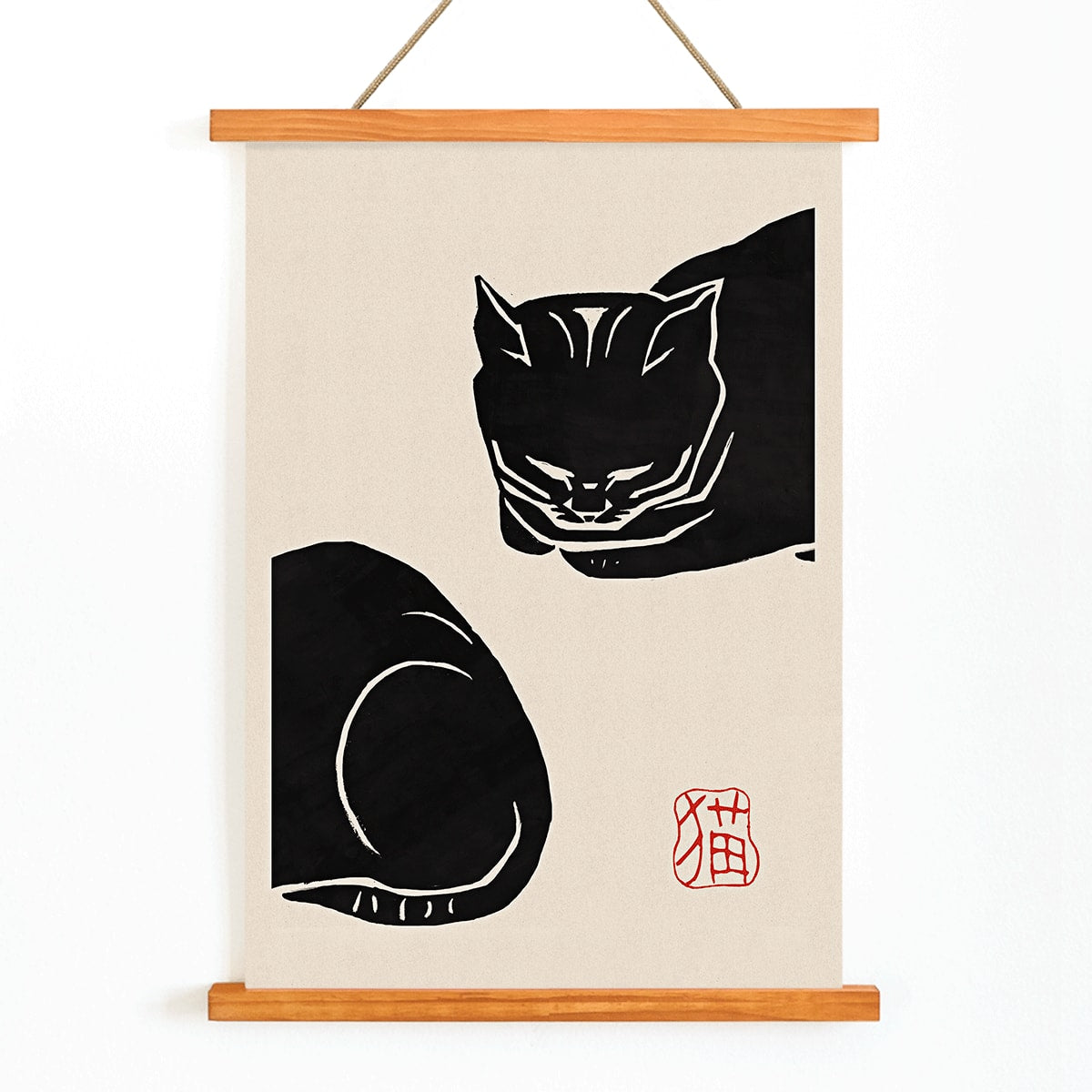 Ink illustration and poster of a stylized black cat with minimalist brush strokes by Black Cat 4 artist and Anonymous, with wooden magnetic frame on white background