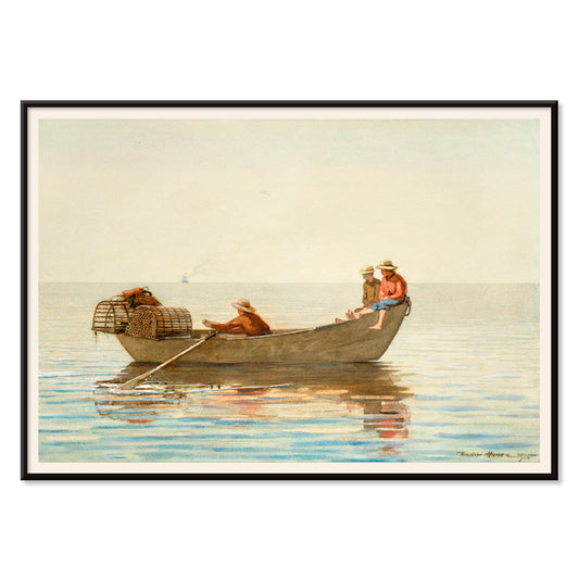 Three boys in a rowboat with lobster pots on calm water painting by Winslow Homer titled Three Boys in a Dory with Lobster Pots, with black aluminium frame on white background
