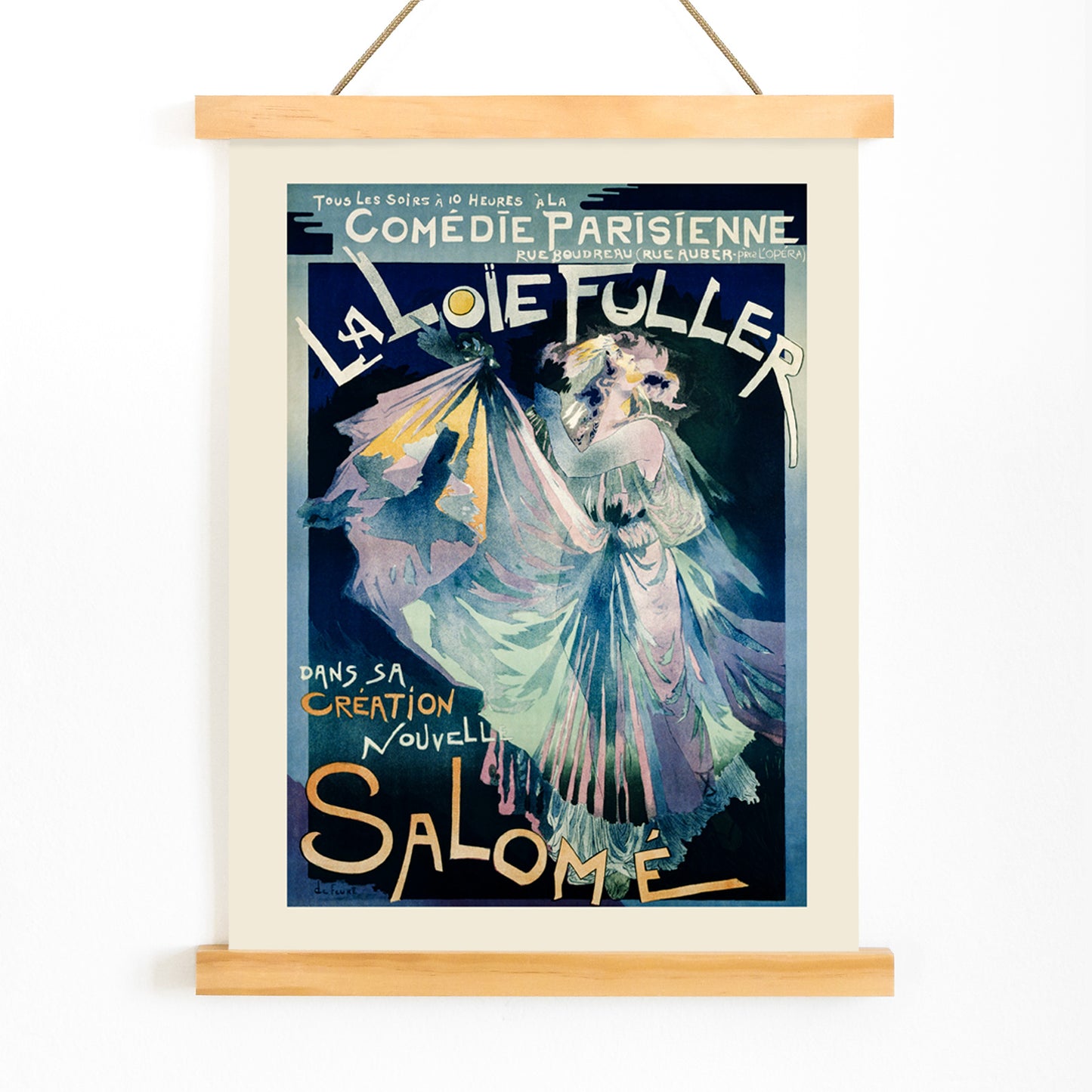 Poster of Comedie Parisienne featuring Loie Fuller by Georges de Feure colorful dancer in flowing dress artwork, with wooden magnetic frame on white background
