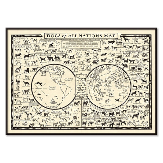 Dogs of All Nations Map by Frantz E illustrated poster featuring various dog breeds from around the world, with black aluminium frame on white background
