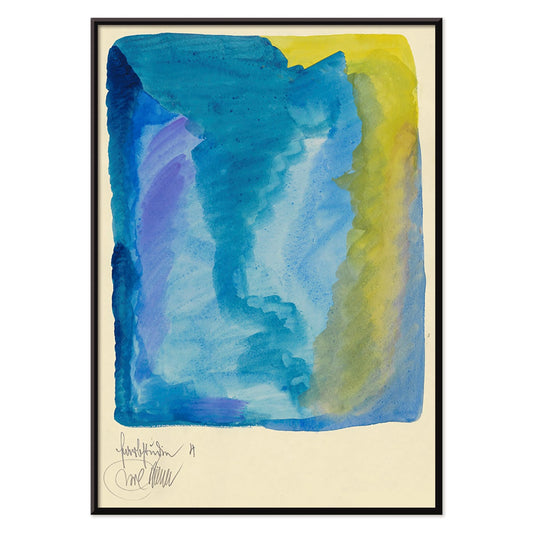 Abstract watercolor poster with vivid blue yellow green and purple tones titled Farbstudien 10 Blätter IV by Karl Wiener, with black aluminium frame on white background