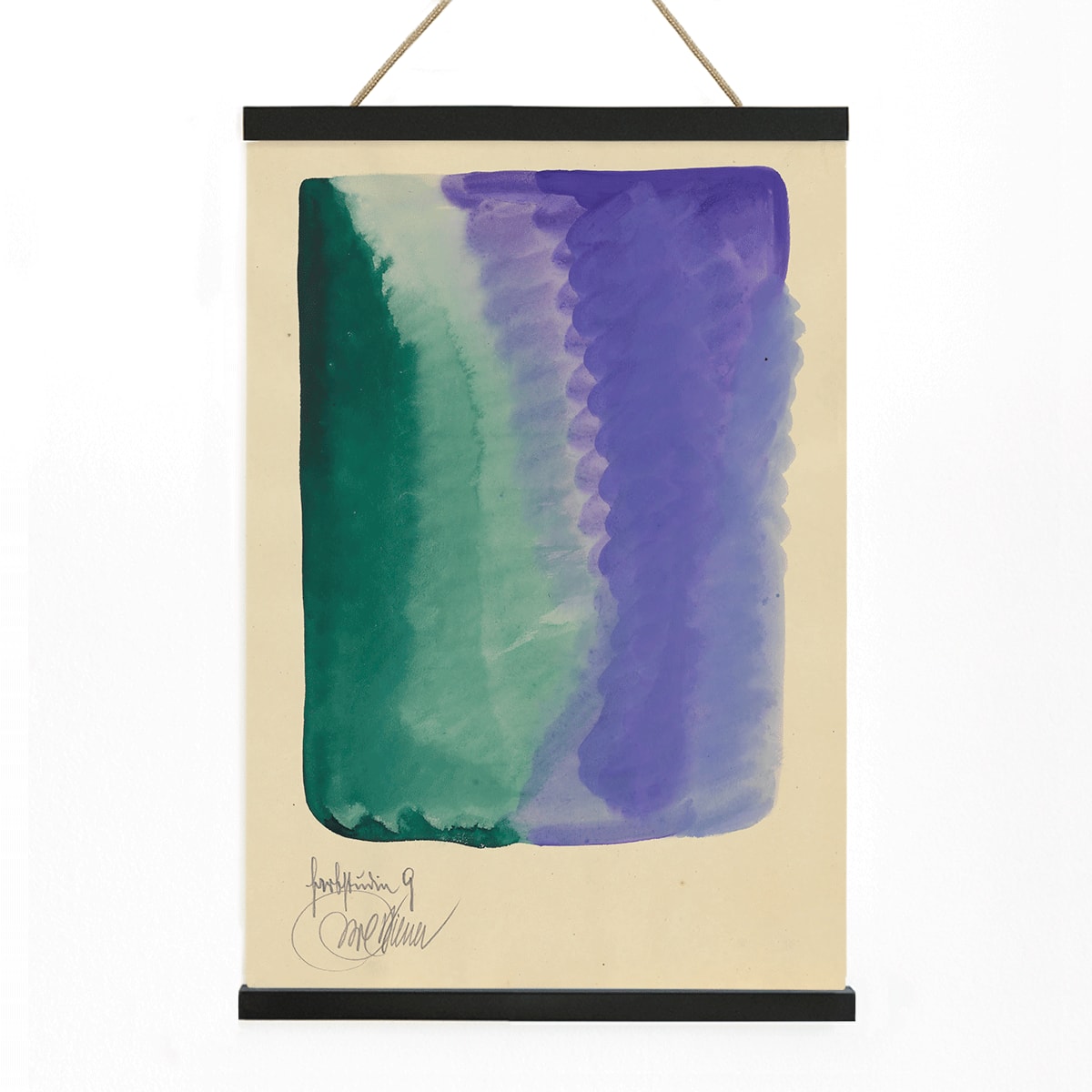 Abstract watercolor art poster with green and purple hues blending titled Farbstudien 10 Blaetter IX by Karl Wiener, with wooden magnetic frame on white background
