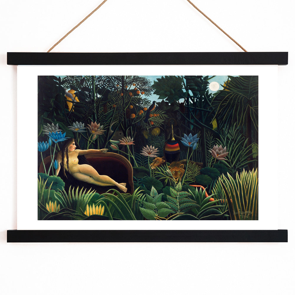 The Dream by Henri Rousseau poster featuring a nude woman reclining on a sofa in a lush jungle with vibrant plants and exotic animals, with wooden magnetic frame on white background