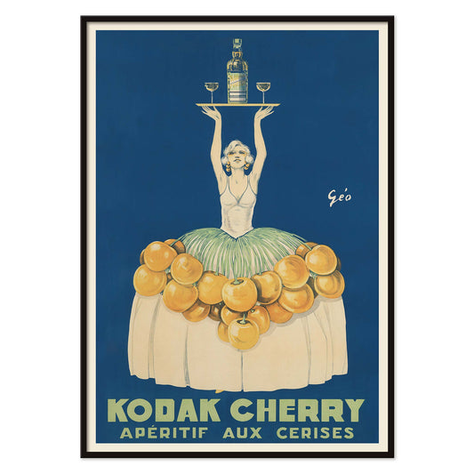 Géo Vermeire Kodak Cherry poster with woman in cherry-covered dress holding tray with bottle and two glasses, with black aluminium frame on white background