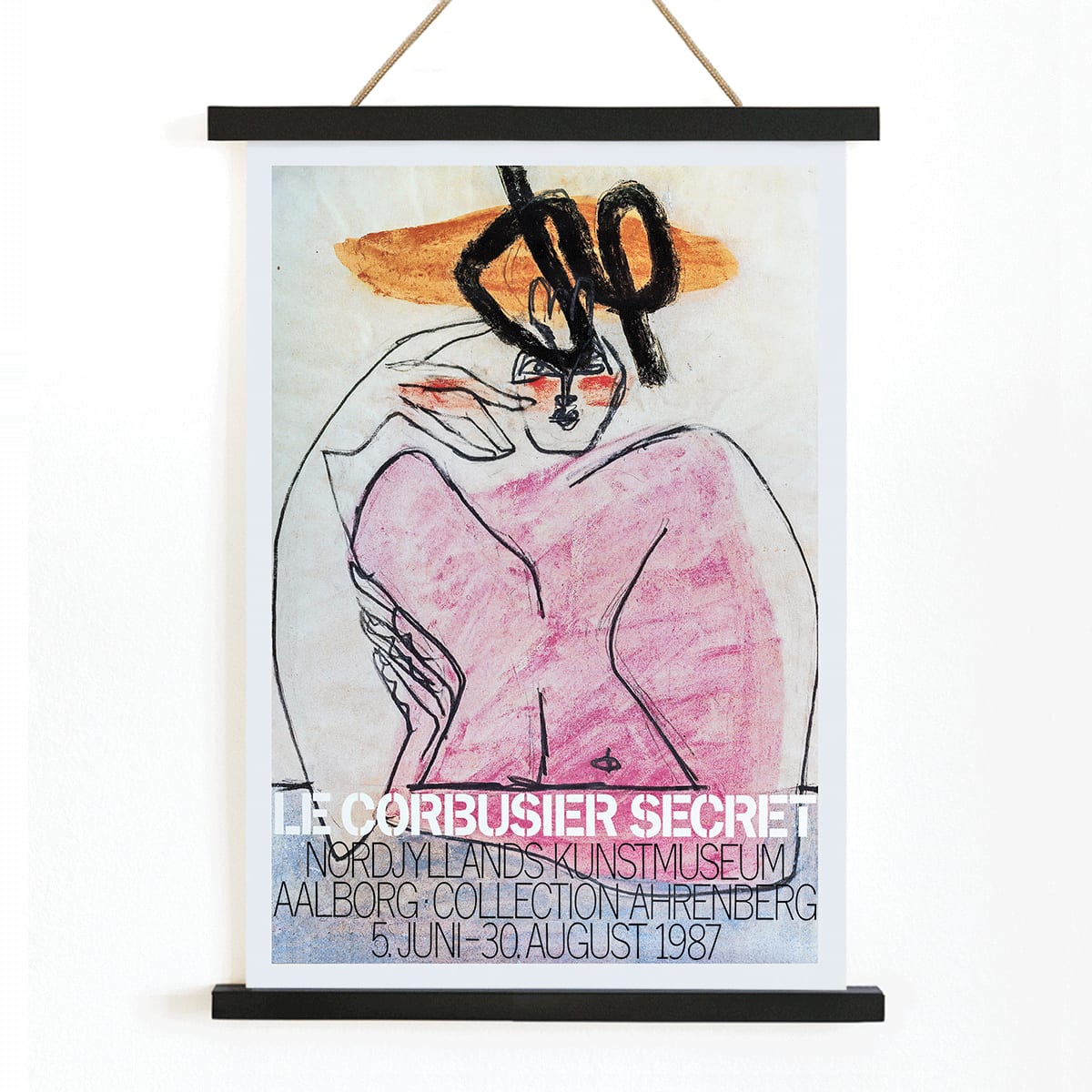 Secret Ahrenberg Collection Exhibition poster by Le Corbusier featuring abstract art with bold lines and vivid colors, with wooden magnetic frame on white background