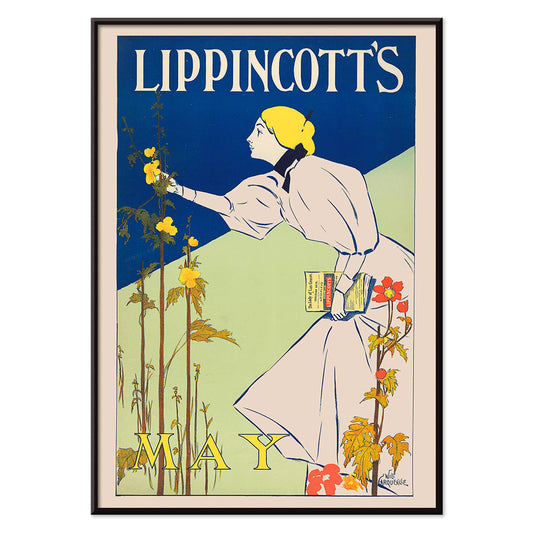 Woman in white dress picking flowers holding a book for Lippincotts May by William Carqueville illustration and poster, with black aluminium frame on white background