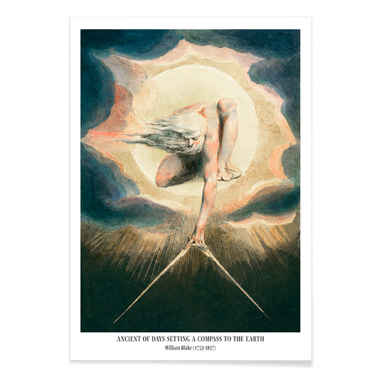 Mystical figure with flowing hair setting a compass to the earth in Ancient of Days by William Blake poster, with black aluminium frame on white background