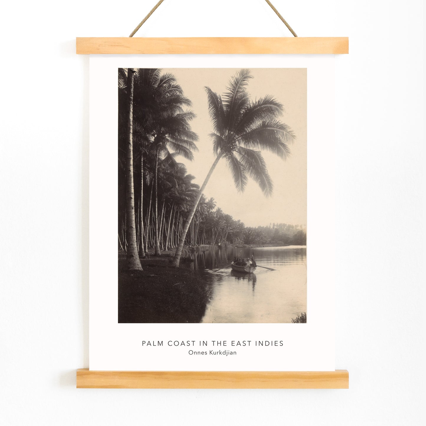 Palm trees and rowboat on river scenic landscape Palm Coast East Indies artwork by Onnes Kurkdjian poster, with wooden magnetic frame on white background