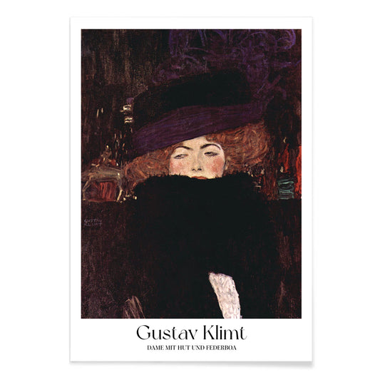 Elegant woman with hat and feather boa painted by Gustav Klimt Dame mit Hut und Federboa poster showing a woman in elegant attire, with black aluminium frame on white background