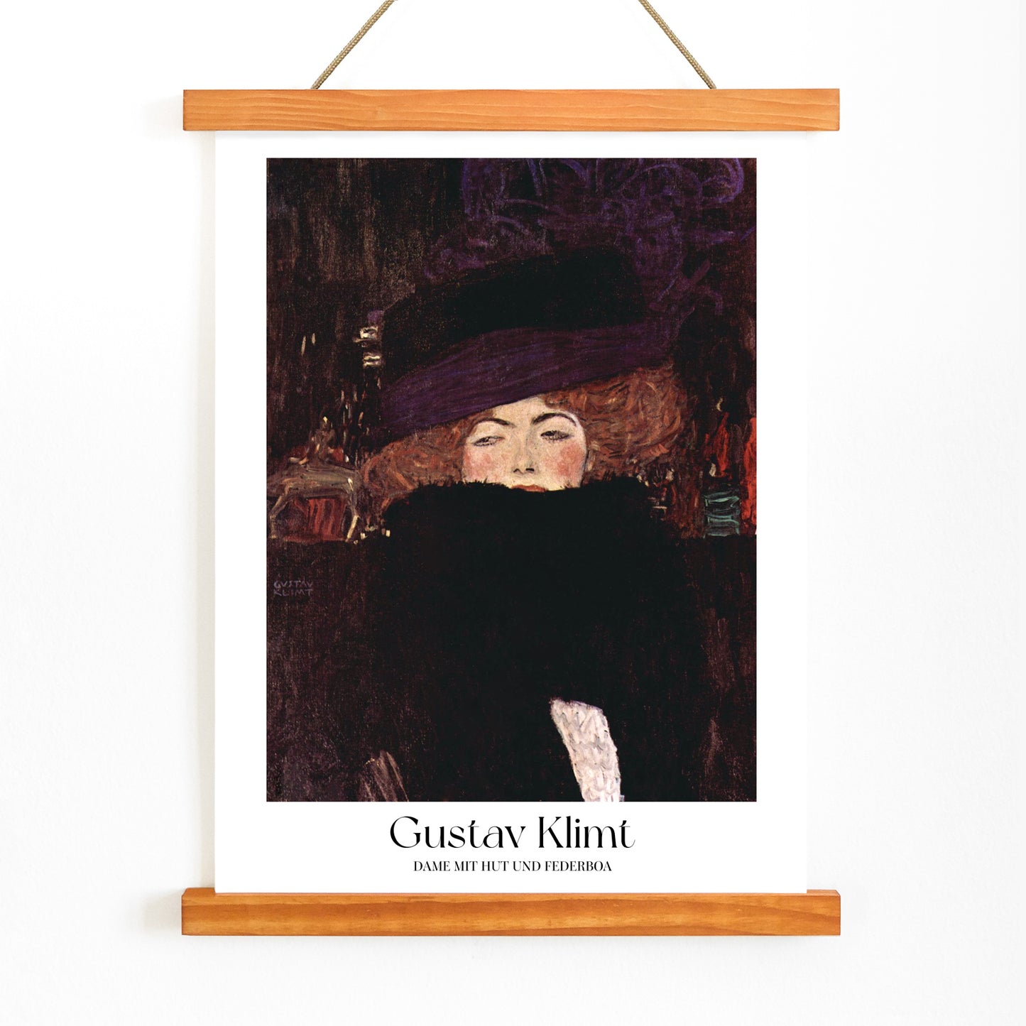 Elegant woman with hat and feather boa painted by Gustav Klimt Dame mit Hut und Federboa poster showing a woman in elegant attire, with wooden magnetic frame on white background