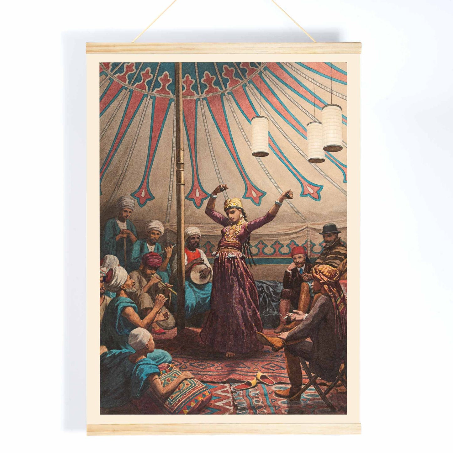 Egyptian dancer performing in a tent with musicians and spectators poster artwork by Willem de Famars Testas, with wooden magnetic frame on white background