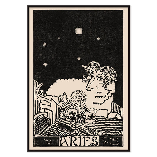Aries constellation and artistic ram illustration by Henri van der Stok with stylized landscape and stars Zodiac signs Aries poster, with black aluminium frame on white background