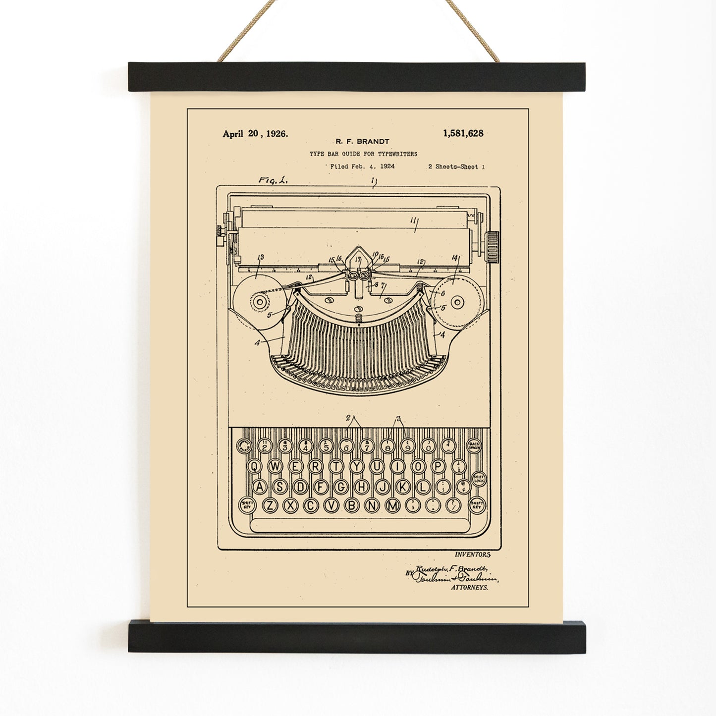 Vintage typewriter patent illustration by R F Brandt with technical details and drawing, with wooden magnetic frame on white background