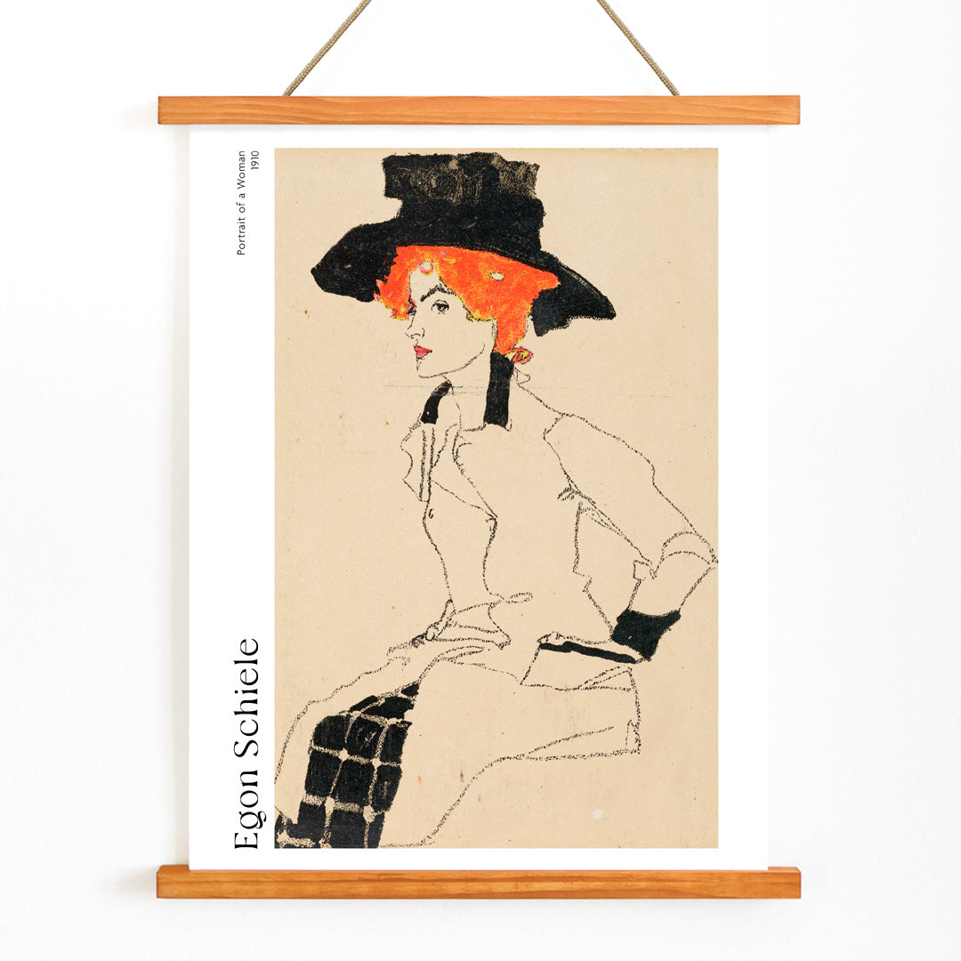 Portrait Of A Woman by Egon Schiele featuring an elegant woman with red or orange hair and a black hat poster, with wooden magnetic frame on white background