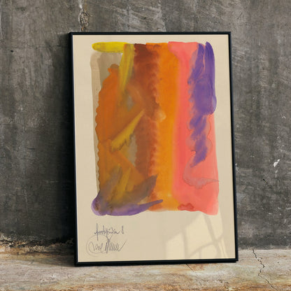 Vibrant abstract painting by Karl Wiener titled Farbstudien 10 Blätter VIII featuring bold colors dynamic shapes and orange purple pink hues poster, framed and displayed in modern living room decor