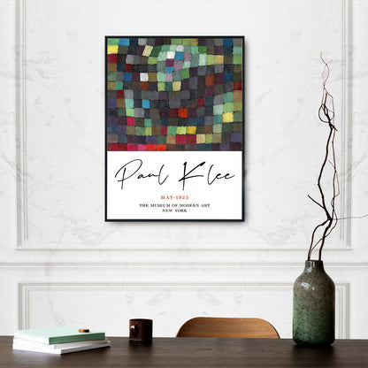 Colorful abstract squares pattern May Picture by Paul Klee poster with artist name displayed below, framed and displayed in home decor