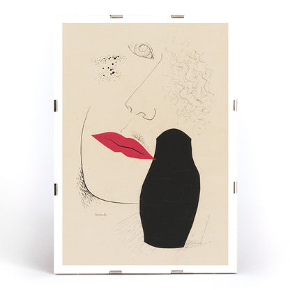 Abstract minimalist portrait with red lips and black silhouette modern art poster by Mikulas Galanda titled Desire, framed and displayed in modern living room decor