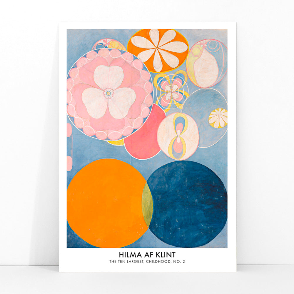 Colorful abstract circles and floral patterns from The Ten Largest Childhood series by Hilma AF Klint, framed and displayed in modern living room decor