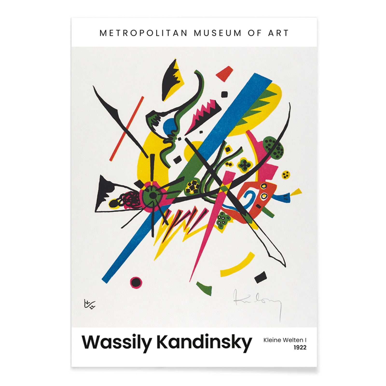 Abstract colorful geometric print Kleine Welten I Small Worlds I by Wassily Kandinsky high resolution artwork poster displayed at museum, with black aluminium frame on white background