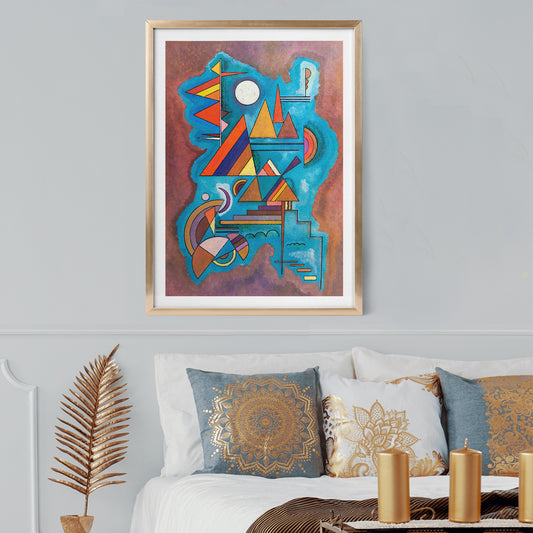 Abstract geometric shapes in vivid colors on blue watercolor background artwork Standing by Wassily Kandinsky, framed and displayed in home decor