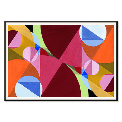 Poster of abstract geometric shapes in vibrant colors from Area Broken by Perpendiculars by Joseph Schillinger, with black aluminium frame on white background