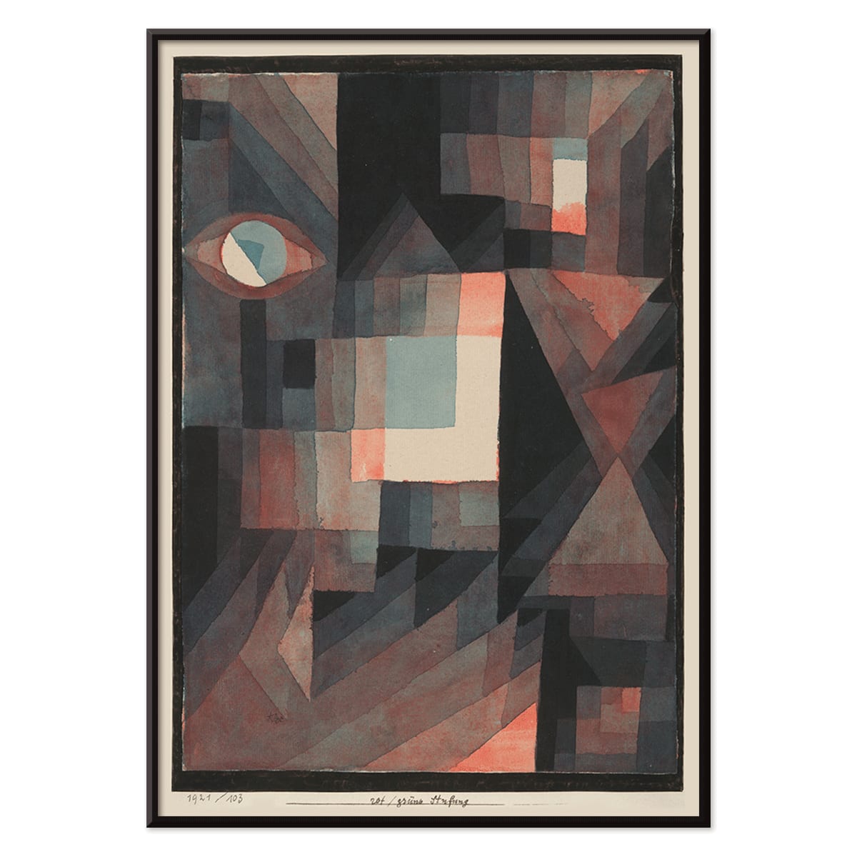 Geometric abstract painting in red and green with vertical patterns and shapes by Paul Klee titled Abstract Red and Green Gradation featuring an eye and cinnabar accents in vertical format, with black aluminium frame on white background