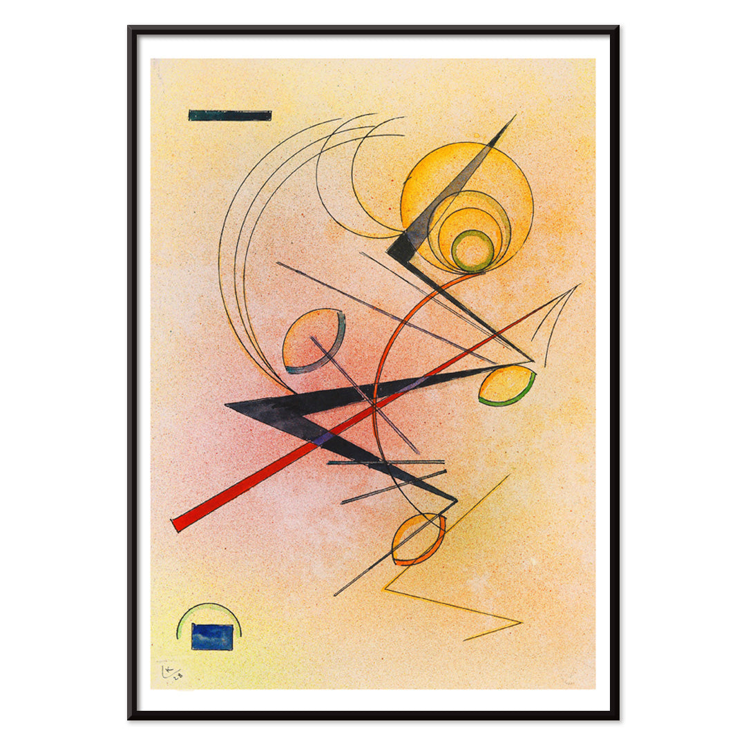 Abstract geometric poster with colored lines and shapes over a warm background by Wassily Kandinsky Kleines Warm, with black aluminium frame on white background