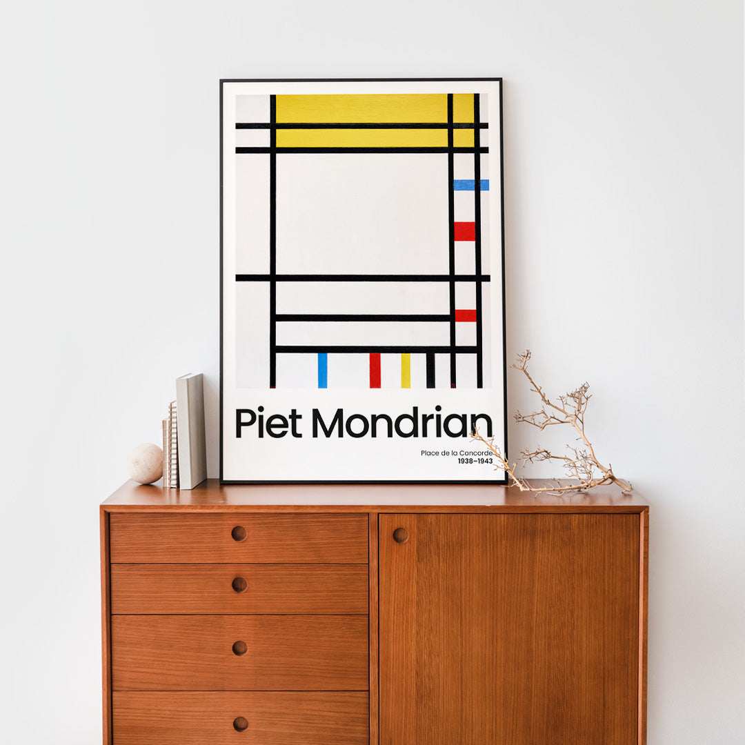 Abstract geometric painting Place de la Concorde by Piet Mondrian with bold black lines and blocks of red yellow and blue primary colors poster, framed and displayed in home decor