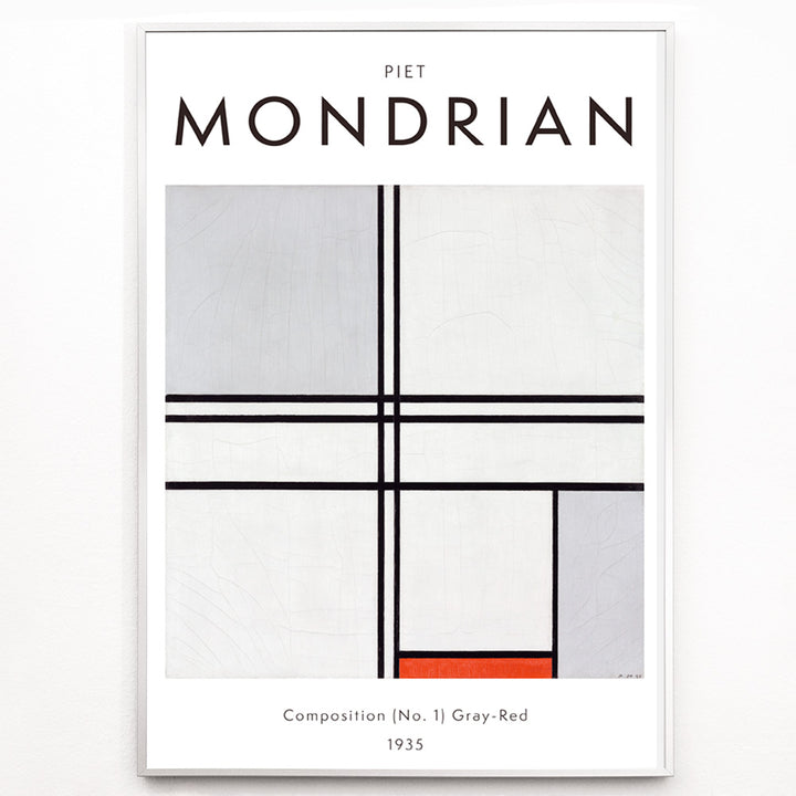 Closeup detail of Geometric abstract artwork poster with black lines and color blocks by Piet Mondrian Composition No 1 Gray-Red