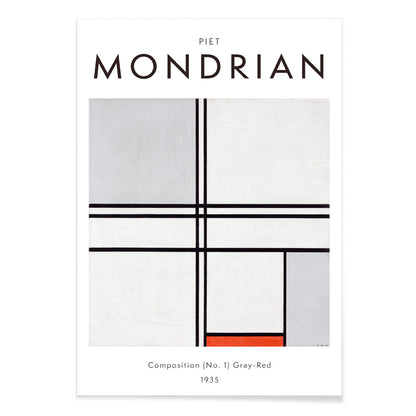 Geometric abstract artwork poster with black lines and color blocks by Piet Mondrian Composition No 1 Gray-Red, with black aluminium frame on white background
