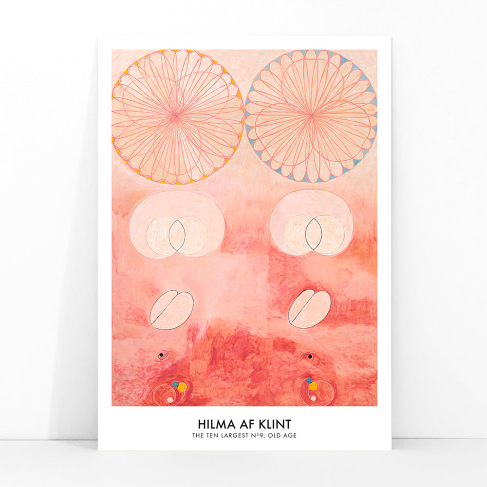 Abstract geometric and circular patterns in pink and orange from The Ten Largest Old Age by Hilma af Klint art poster, framed and displayed in modern living room decor