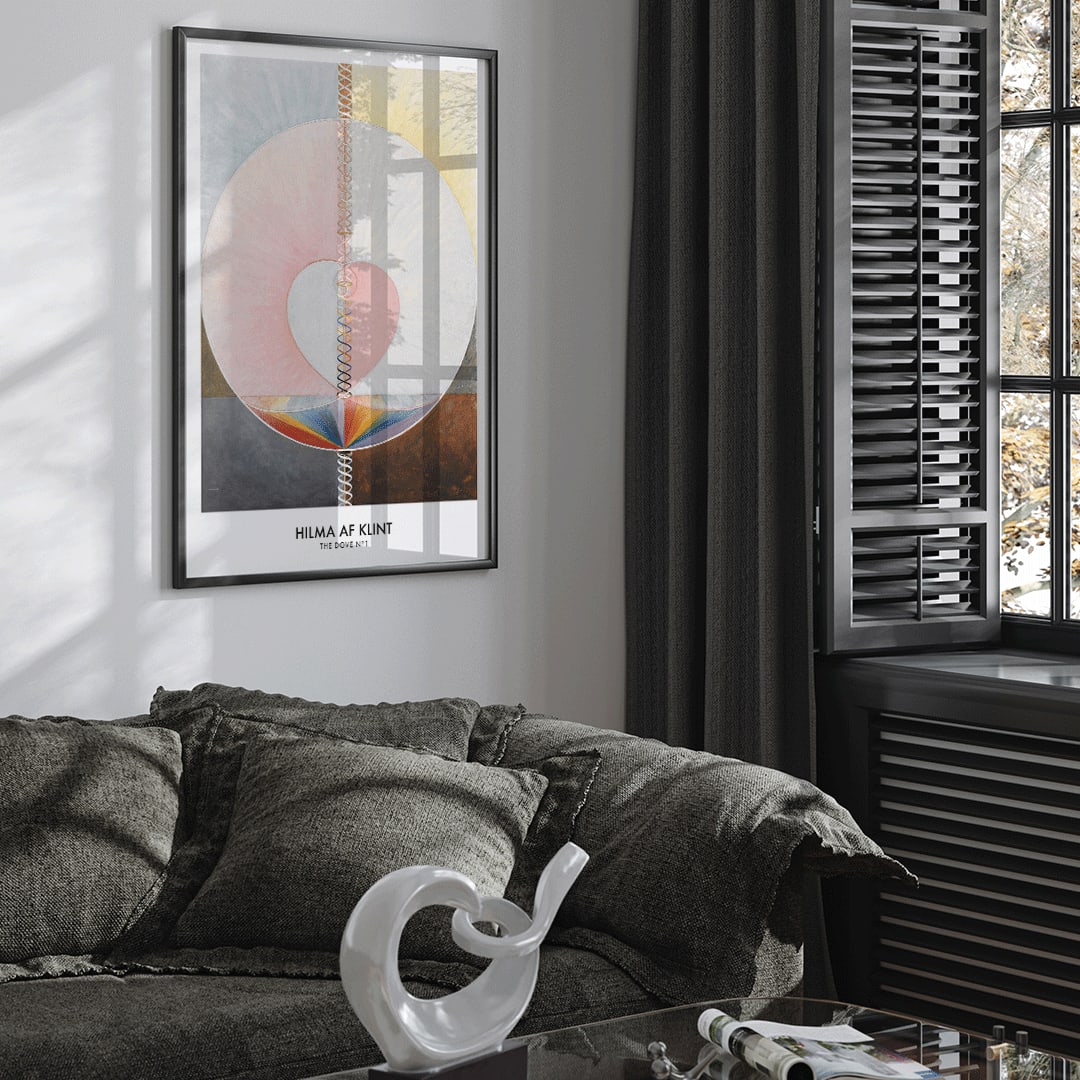 Abstract geometric spiritual art poster with pastel colors and shapes from The Dove by Hilma af Klint modern wall decor, framed and displayed in home decor