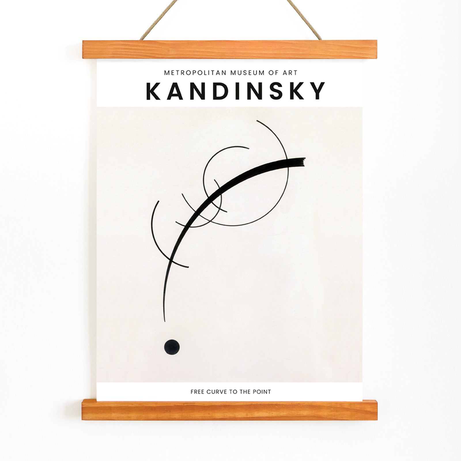 Abstract black geometric curves and circle with dot on white background poster Free Curve to the Point by Wassily Kandinsky, with wooden magnetic frame on white background