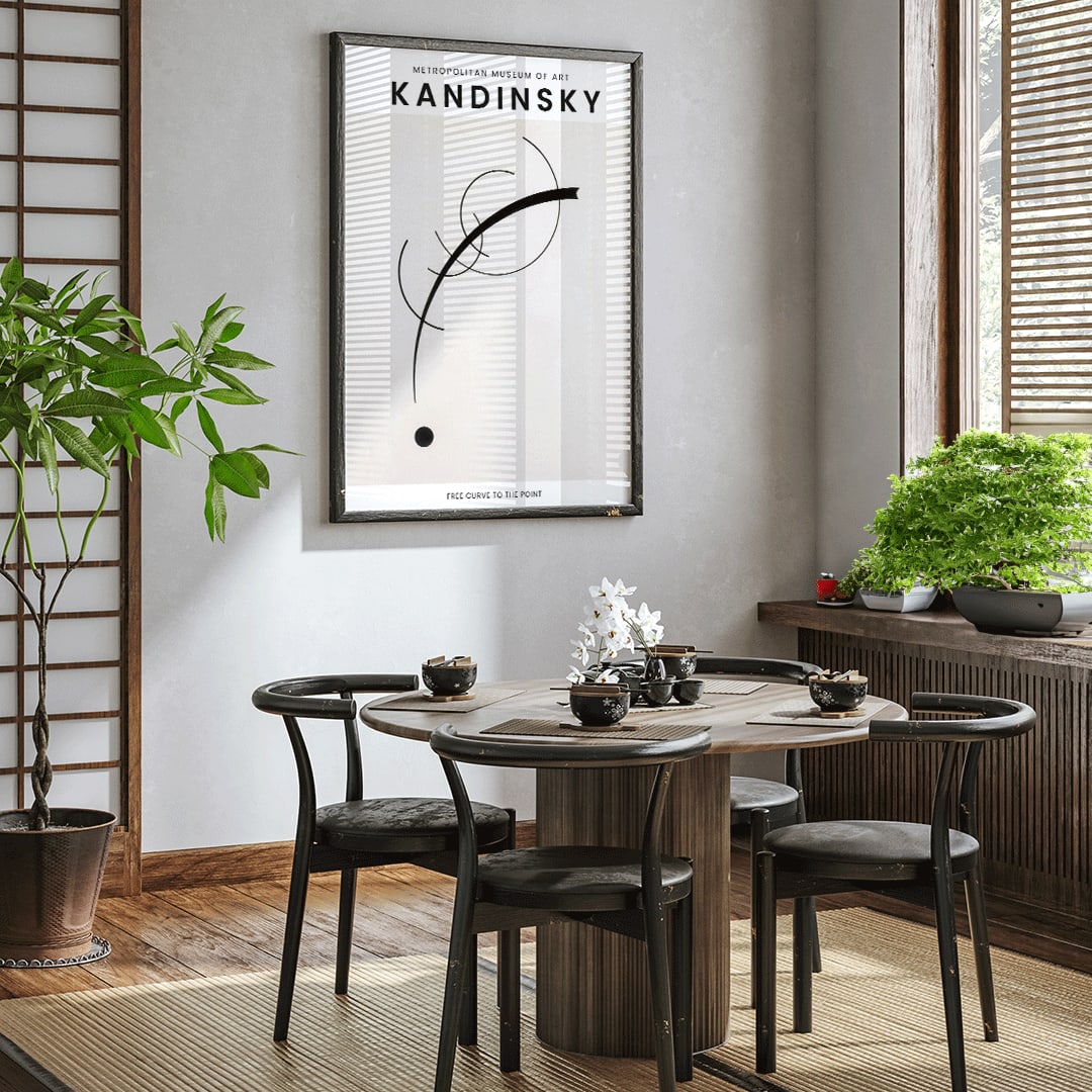 Abstract black geometric curves and circle with dot on white background poster Free Curve to the Point by Wassily Kandinsky, framed and displayed in home decor