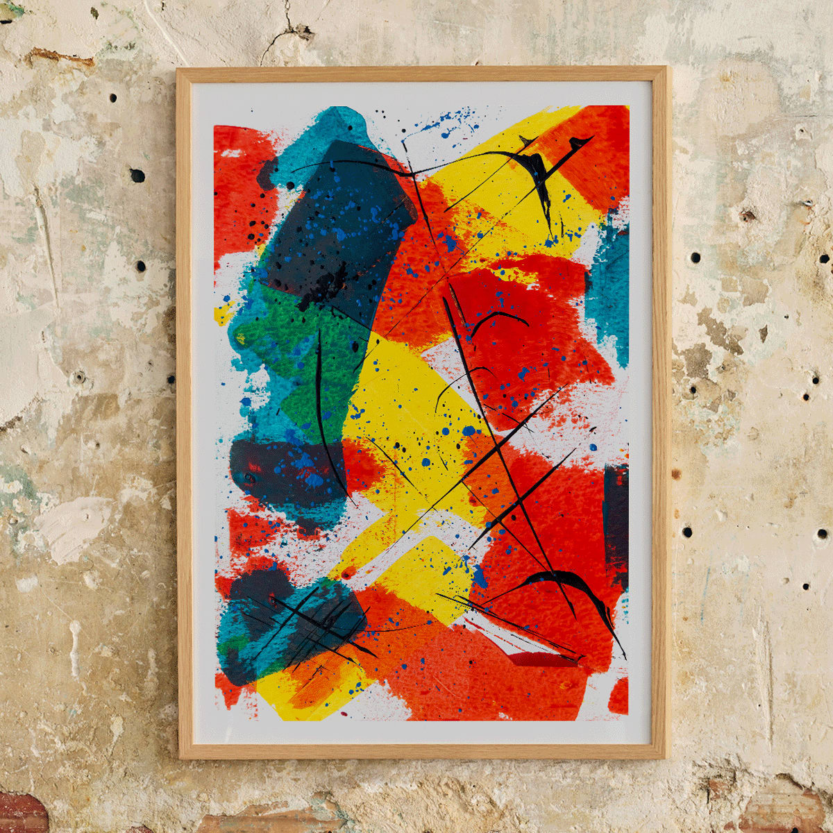 Colorful abstract patchwork artwork poster with bold brush strokes splashes of red yellow and blue titled Abstract Patchwork 1 by Anonymous, framed and displayed in modern living room decor