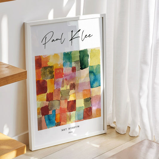 Abstract watercolor squares in vibrant colors by Paul Klee modern wall decor poster with colorful patchwork design, framed and displayed in home decor