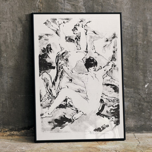 Three acrobats in dynamic abstract black and white style by Arthur Bowen Davies poster depicting figures in motion, framed and displayed in home decor