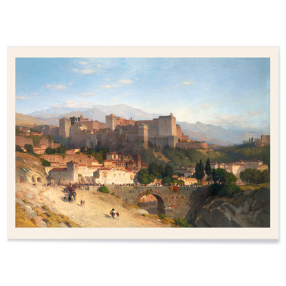 Scenic landscape view of the Alhambra in Granada by Samuel Colman poster titled The Hill of the Alhambra, with black aluminium frame on white background