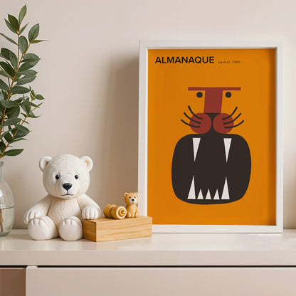 Almanaque magazine cover by Sebastiao Rodrigues with abstract animal and face artwork on orange background, framed and displayed in modern living room decor