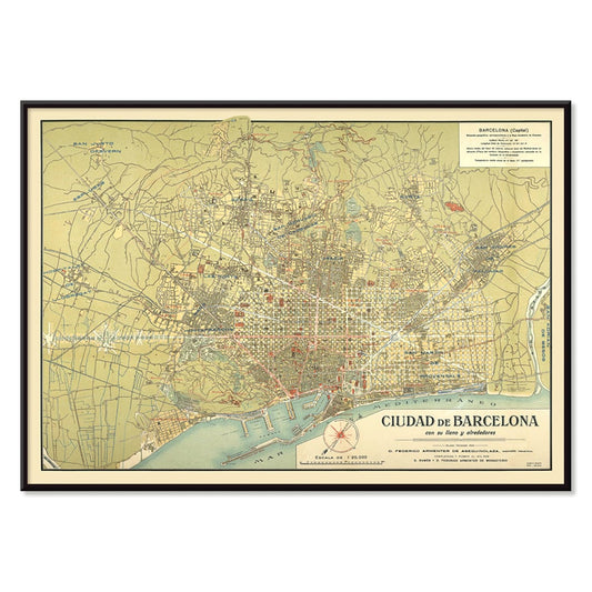 Antique map of Barcelona by D Francisco Coello and D Antonio Sans poster titled Ciudad de Barcelona with detailed city streets and surrounding areas, with black aluminium frame on white background