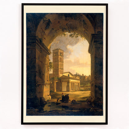 Closeup detail of San Giorgio in Velabro Rome painting by Antonie Sminck Pitloo with people ruins and archway view poster