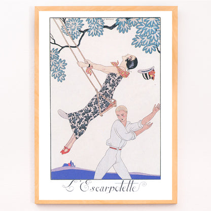 Closeup detail of Art Deco poster of a woman on a swing with a man beneath under a tree from LEscarpotette by George Barbier