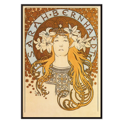 Art Nouveau poster of Sarah Bernhardt with flowing hair floral crown and lilies by Alphonse Mucha from La Plume, with black aluminium frame on white background
