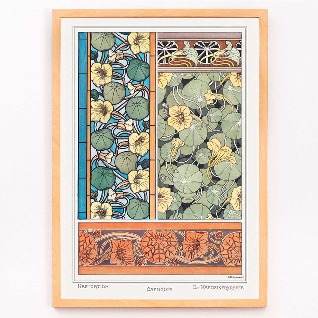 Closeup detail of Art Nouveau capucine nasturtium botanical illustration by Maurice Pillard Verneuil from La Plante et ses Applications ornementales