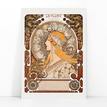 Art Nouveau poster Zodiaque or La Plume by Alphonse Maria Mucha featuring a woman with long hair and zodiac symbols, framed and displayed in modern living room decor