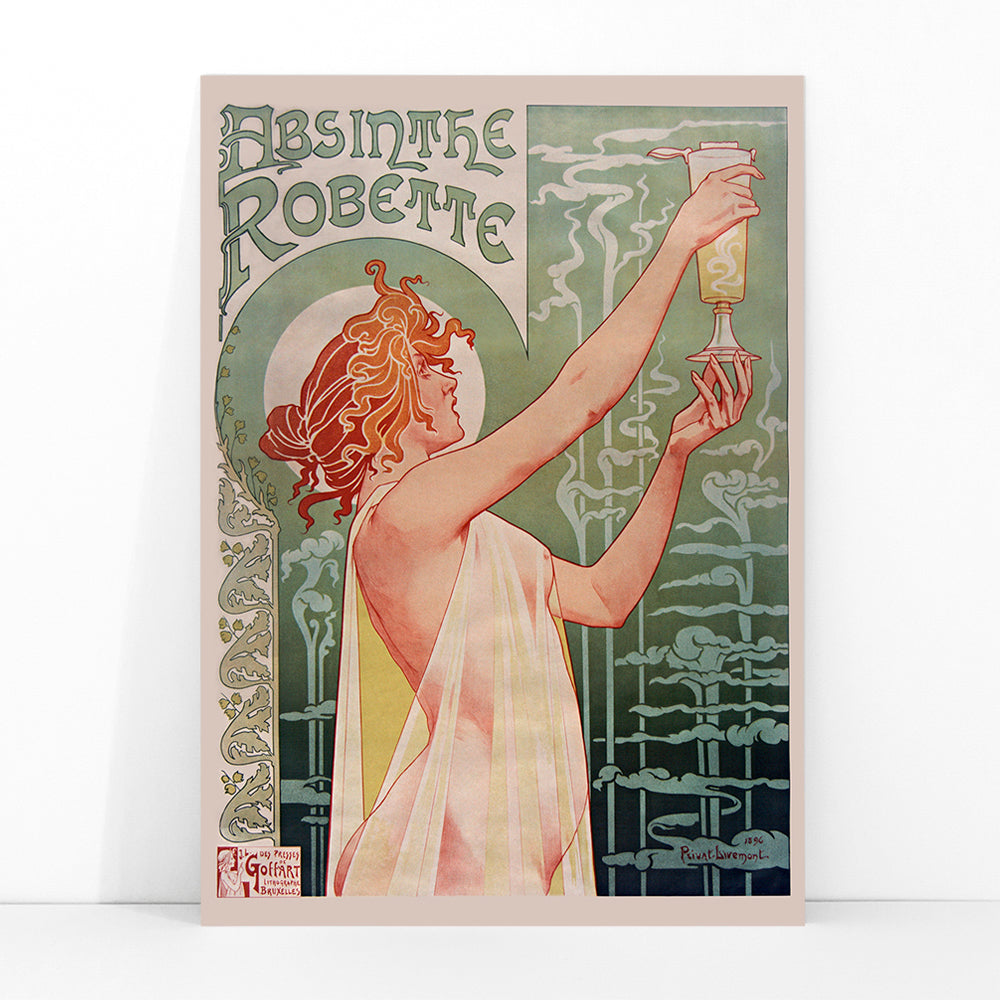 Art Nouveau poster Absinthe Robette by Privat-Livemont featuring a woman holding a glass of absinthe with stylized smoke, framed and displayed in modern living room decor