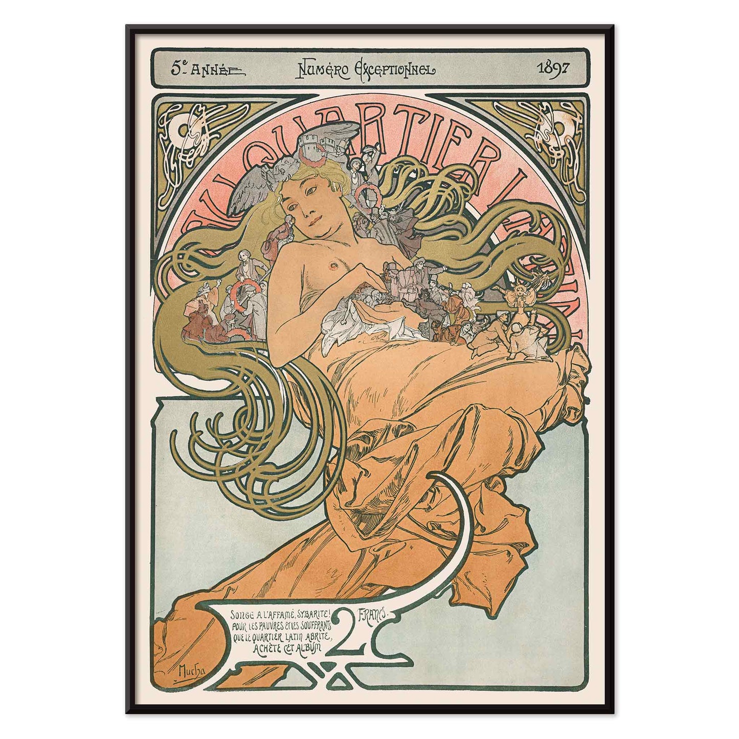 Alphonse Mucha Au Quartier Latin poster with elegant woman and flowing floral tendrils in soft peach green and cream tones, with black aluminium frame on white background