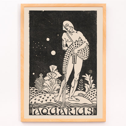 Closeup detail of Aquarius zodiac sign artwork by Henri van der Stok featuring water bearer and nude figure pouring water in stylized landscape